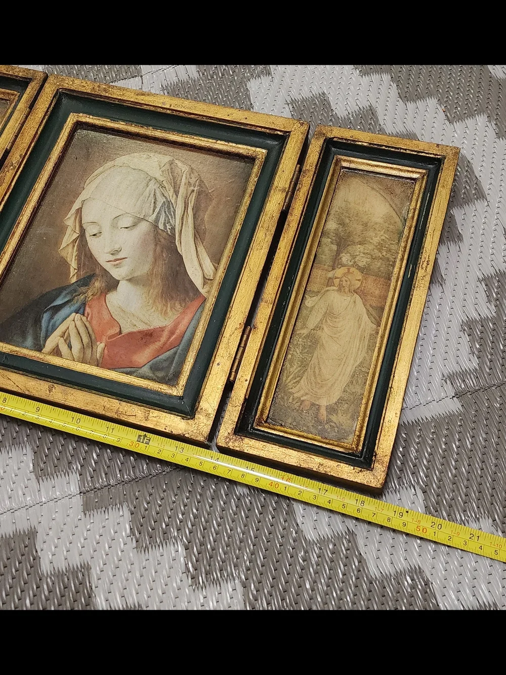Beautiful Vintage 1970 Religious Triptych – Devotional Art with Wooden Frame